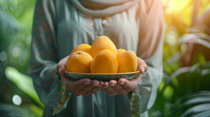Girl holding a plate of mangoes fruit in her hands, fresh and beautiful mango fruit in a plate on...