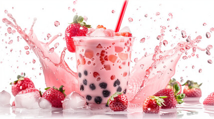 A pink boba tea with strawberries and ice cubes, surrounded by splashes of water on a white background, in the style of stock photography. A glass cup full of strawberry milk bubble tea.