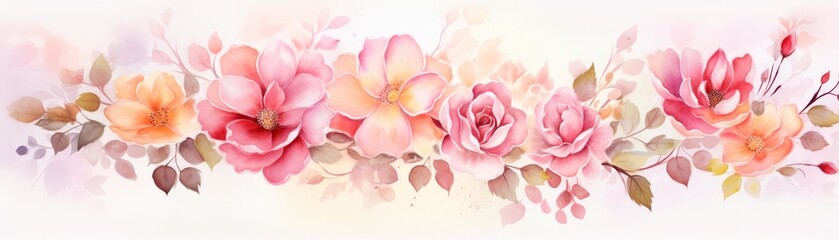 A beautiful watercolor painting of a variety of flowers in shades of pink, orange, and yellow.