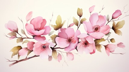 A branch of pink cherry blossoms painted in watercolors.