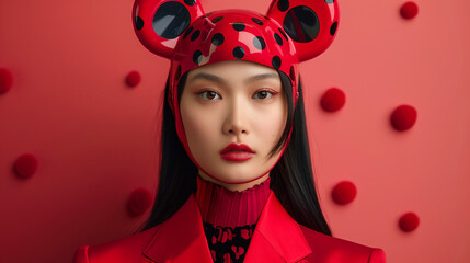 Asian Woman in Red Latex Outfit with Polka Dot Mouse Ears, Fashion Statement