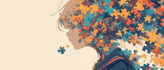 A side profile of an AI head, half the face is made up in the style of puzzle pieces, white background