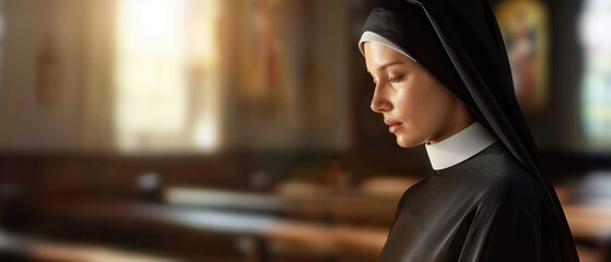 Beautiful religion woman nun praying inside church with golden light of sun created with Generative AI Technology - obrazy, fototapety, plakaty