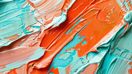 Orange and mint paint strokes on a textured surface.