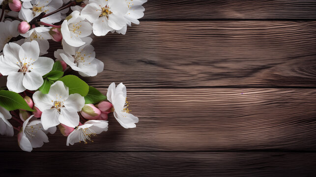 A branch of a flowering tree on a wooden shelf with a view of a flowering garden in the background.	
