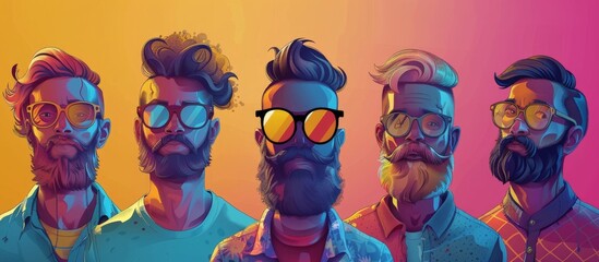 Men sporting glasses and beards gathered against a colorful background for a hipster-themed mock-up poster. - obrazy, fototapety, plakaty