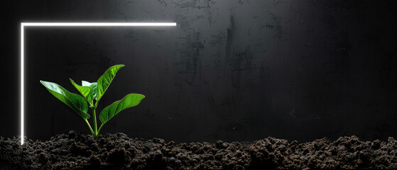 one small seedling sprout green plant growing in the soil ground with a frame of thin neon lights on an empty light dark background created with Generative AI Technology