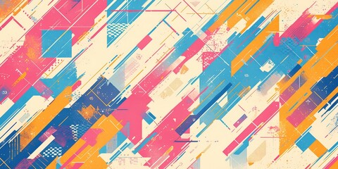 A vibrant, abstract background with bold brushstrokes in various shades of pink and blue, accented with bright teal lines and blocks of yellow and orange, creating an energetic and colorful pattern.