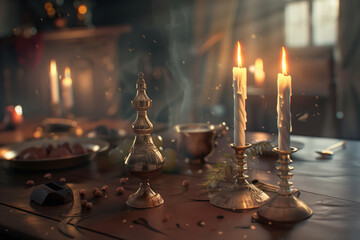 Candles on kitchen table for Jewish Sabbath ritual AI Generative