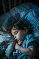 caucasian baby sleeping in bed at night, head on pillow, under blanket, top view. toddler in crib napping, child in cozy dark room, infant sleep bedtime concept