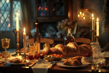 Jewish Sabbath ritual Holiday Shalom traditional challah bread candelas on kitchen table AI Generative - obrazy, fototapety, plakaty