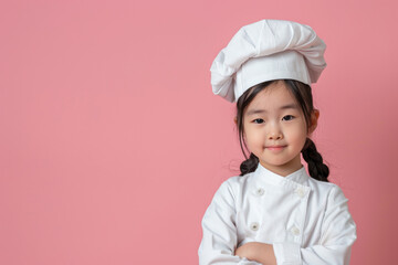 cute asian smiling child in chef’s uniform - hat and clothes - portait on plain background, culinary cooking studio concept with copy space
