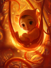 Baby Embryo in Fruchtblase und Nabelschnur als Cartoons, ai generativ - obrazy, fototapety, plakaty