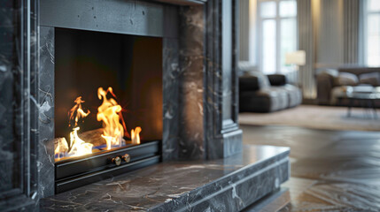 Close-up of a marble fireplace surround in a living room, modern interior design, scandinavian style hyperrealistic photography