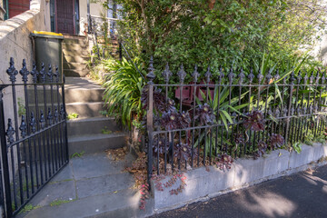 The classic wrought iron door and fencing of a Victorian-era garden yard, with the staircase leading to the home's entrance. The inner suburb residential property with old-world charm and elegance.