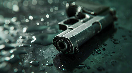 Gun in a wet city downtown ground, crime prevention violence enforcement victim safety