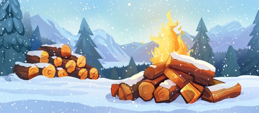 Cartoon fire in snow near stacked logs, chopped firewood ready for a firepit in snowy Fairbanks Alaska
