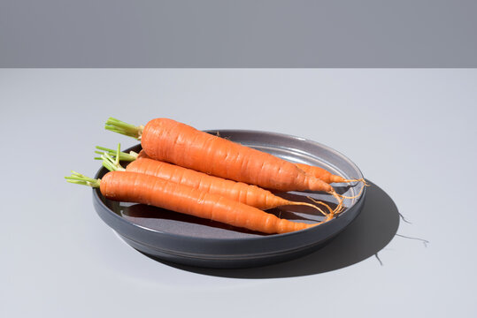 Zanahorias frescas en un plato gris y fondo gris