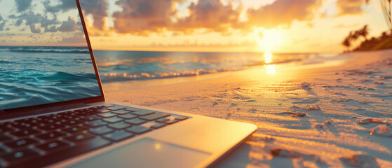 close-up open laptop notebook computer lying on the beach sand at golden sunset light with crashing beach waves created with Generative AI Technology