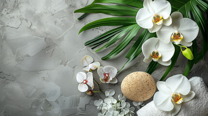 Beautiful orchid composition with spa stones on grey marble table , zen stones on white, a white candle, flowers and stones. spa concept. relaxation