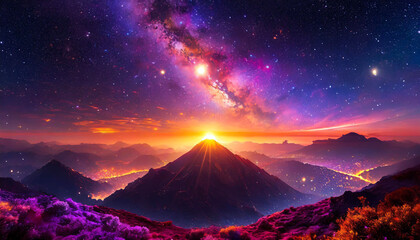 Glowing ultraviolet and radiant sunset scene from a far away galaxy. AI generated.