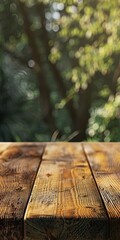 Wooden table with blurry background - obrazy, fototapety, plakaty