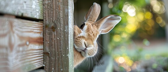 Curious Rabbit Peeking Out from Wooden Hutch Capturing the Alert and Watchful Nature of these Furry Pets in their Natural Habitat