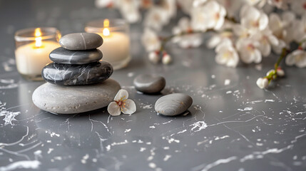Obraz na płótnie Canvas Beautiful sakura composition with spa stones on grey marble table , zen stones on white, a white candle, flowers and stones. spa concept. relaxation