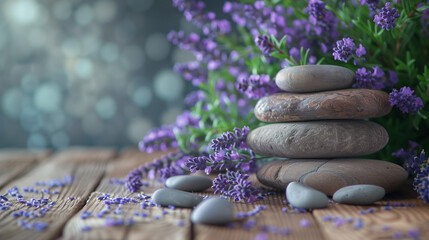 Spa still life with stack of stones and lavenders, Beautiful orchid composition with spa stones on...