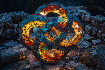 Create an image of a vibrant, intricately tied Celtic knot, with each colorful thread glowing as if infused with magical energy, set against a backdrop of ancient ruins