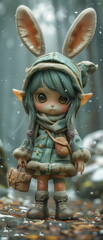 a cute Cunning elf face figure blind box collectible from Pop Mart with rabbit ears hat, overall simple, childish expression, very attractive, chibi style