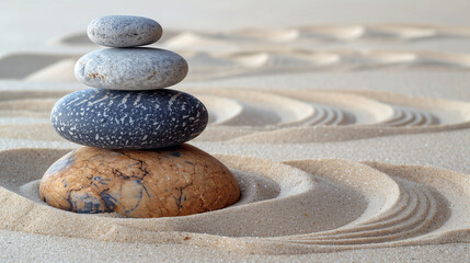 Fototapeta na wymiar Zen Stones With Lines On Sand - Spa Therapy - Purity harmony And Balance Concept, Zen garden, Black stones on sand with pattern, top view. Zen, meditation, harmony, Sand pattern