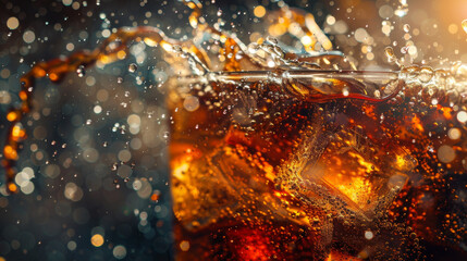 Exhilarating image of whiskey with a dynamic splash, mimicking a dance of water droplets,Excitement, thrill, energy, fun, festivity, motion, dynamic, water, whiskey, alcohol, beverage, drink, ice, sp - obrazy, fototapety, plakaty