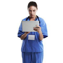 Healthcare, tablet and woman doctor in studio for health newsletter, information or research on white background. Digital, app or nurse with website, search or scroll for Telehealth communication
