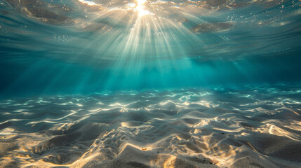 Golden sunlight filters through the clear blue water of the ocean, illuminating the rippled sand below