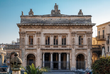 Fototapeta na wymiar The neoclassical style Theater of the baroque City of Noto, province of Syracuse, Sicily, Italy