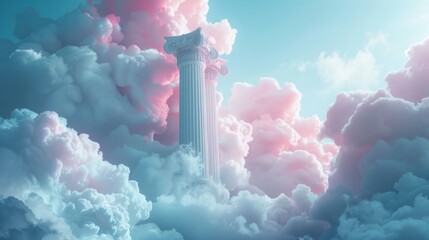 Classical column amidst surreal cotton candy clouds.