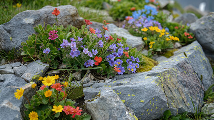 Rock garden with flowers, alpine slide, blue colours