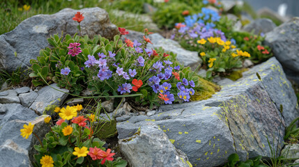 Naklejka premium Rock garden with flowers, alpine slide, blue colours