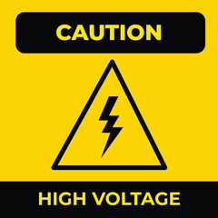 Caution high voltage electricity warning yellow triangle sign age sticker poster vector illustration isolated on square background. Simple flat cartoon styled drawing.