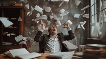 Angry businessman scream loud in office papers floating in air many documents on table
