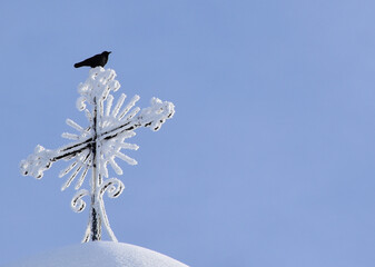 A crow on the bell tower, Sainte-Apolline, Québec, Canada