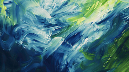 Blue and green paint strokes merging in an abstract pattern.