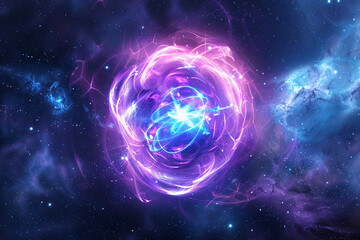 Obraz premium Cosmic Genesis: A radiant orb of cosmic energy explodes into being, illuminating a swirling nebula of interstellar dust and starlight. 
