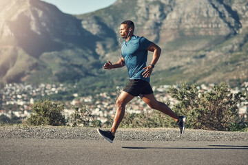 Black man, running and outdoor with workout, exercise and motivation or training for future sports...