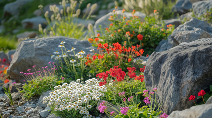 Rock garden with flowers, alpine slide, red colours