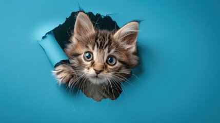 Adorable fluffy Kitten ragdoll cat peeking out through torn hole on blue paper background created with Generative AI Technology - obrazy, fototapety, plakaty