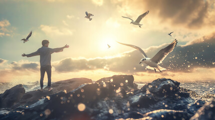 Young man open arms stands on rocks seaside ocean waves birds flying in sky during sunset clouds and sky - Powered by Adobe