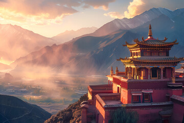 Beautiful Tibet landscape with a temple