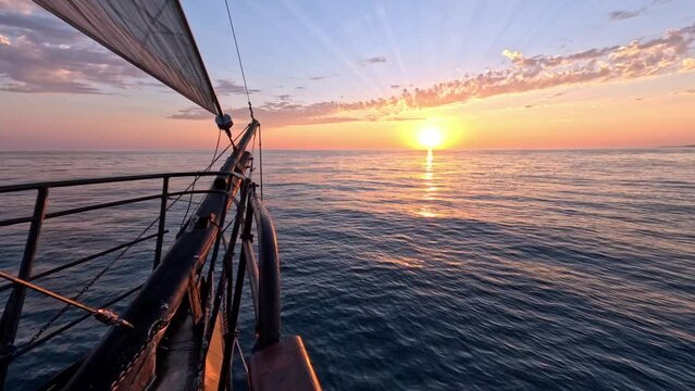 A sailing pirate yacht glides across the sea waves towards the setting sun. View on the sunset from the bow of the ship. Slow motion